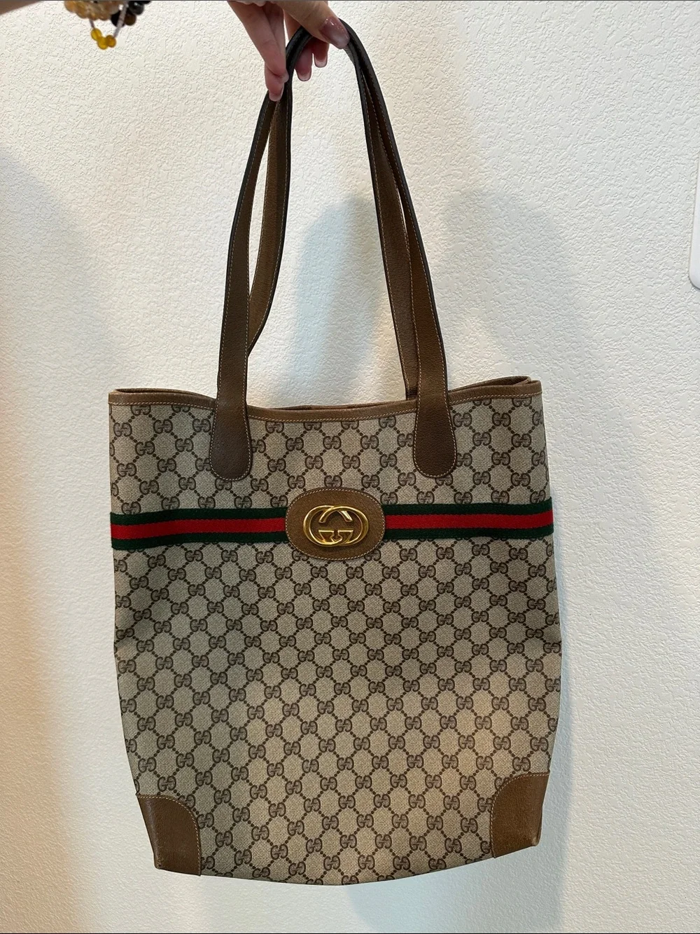 Gucci Beige Brown GG Supreme Tote with Green-Red Web Stripe